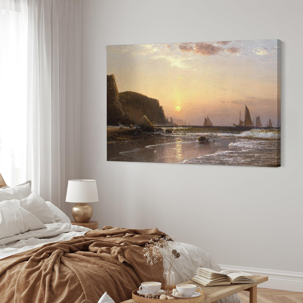 Canvas Print Wall Art Serene Sunset Seascape with Sailing Ships Classic Maritime Illustrations Modern Art Glam Pastel