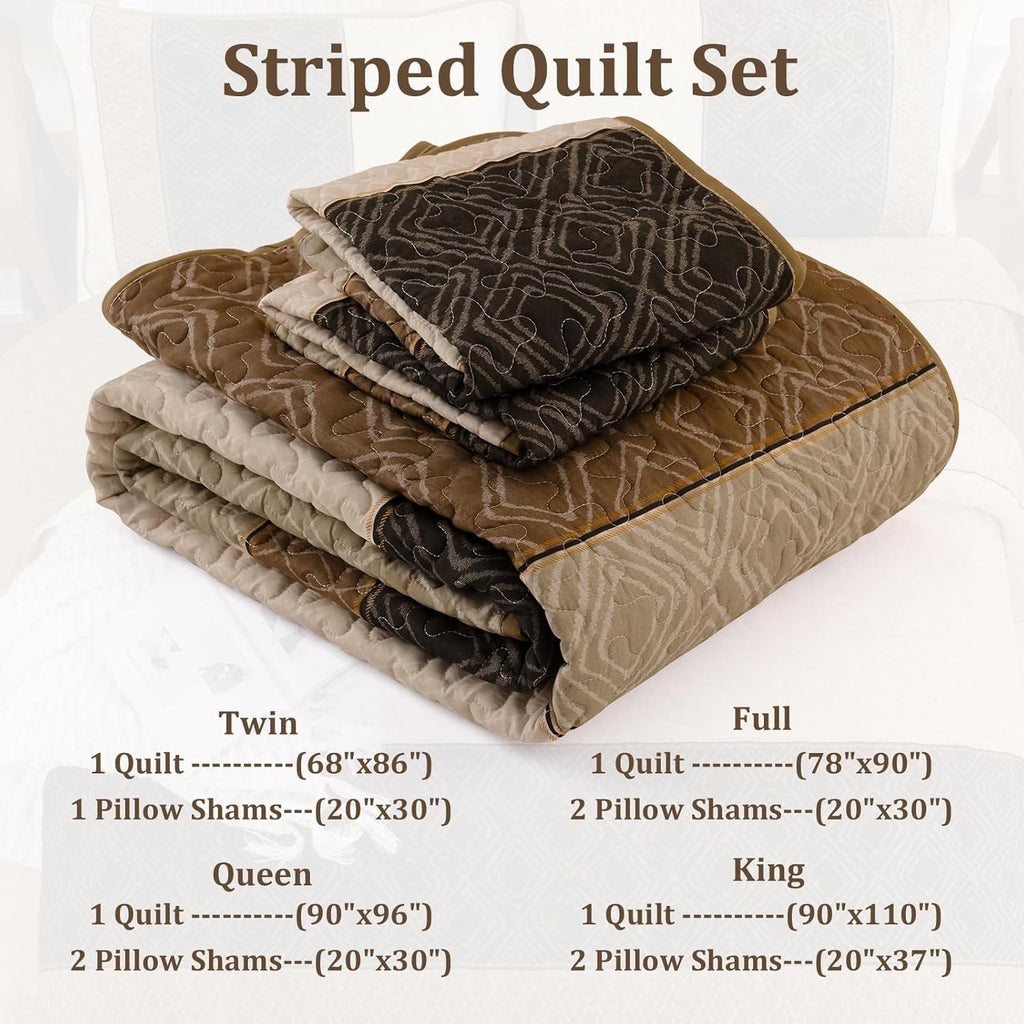 Boho Queen Quilt Set,Striped Plaid Bedspread Coverlet Set,Light Brown Bedding Set Soft Microfiber Bedding Set with 2