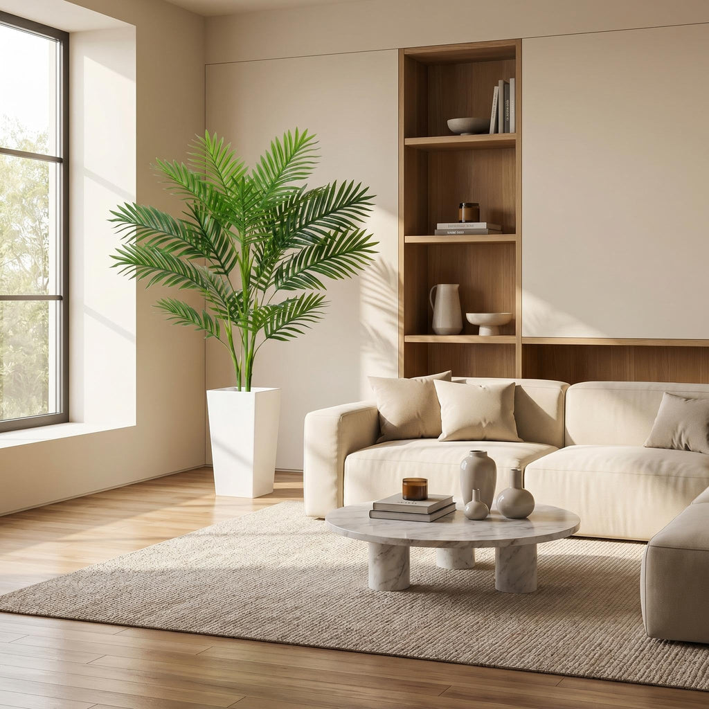 4.2FT Artificial Palm Tree, Tall Faux Tropical Areca Plants with White Tall Planter, Fake Potted Tree with Lifelike