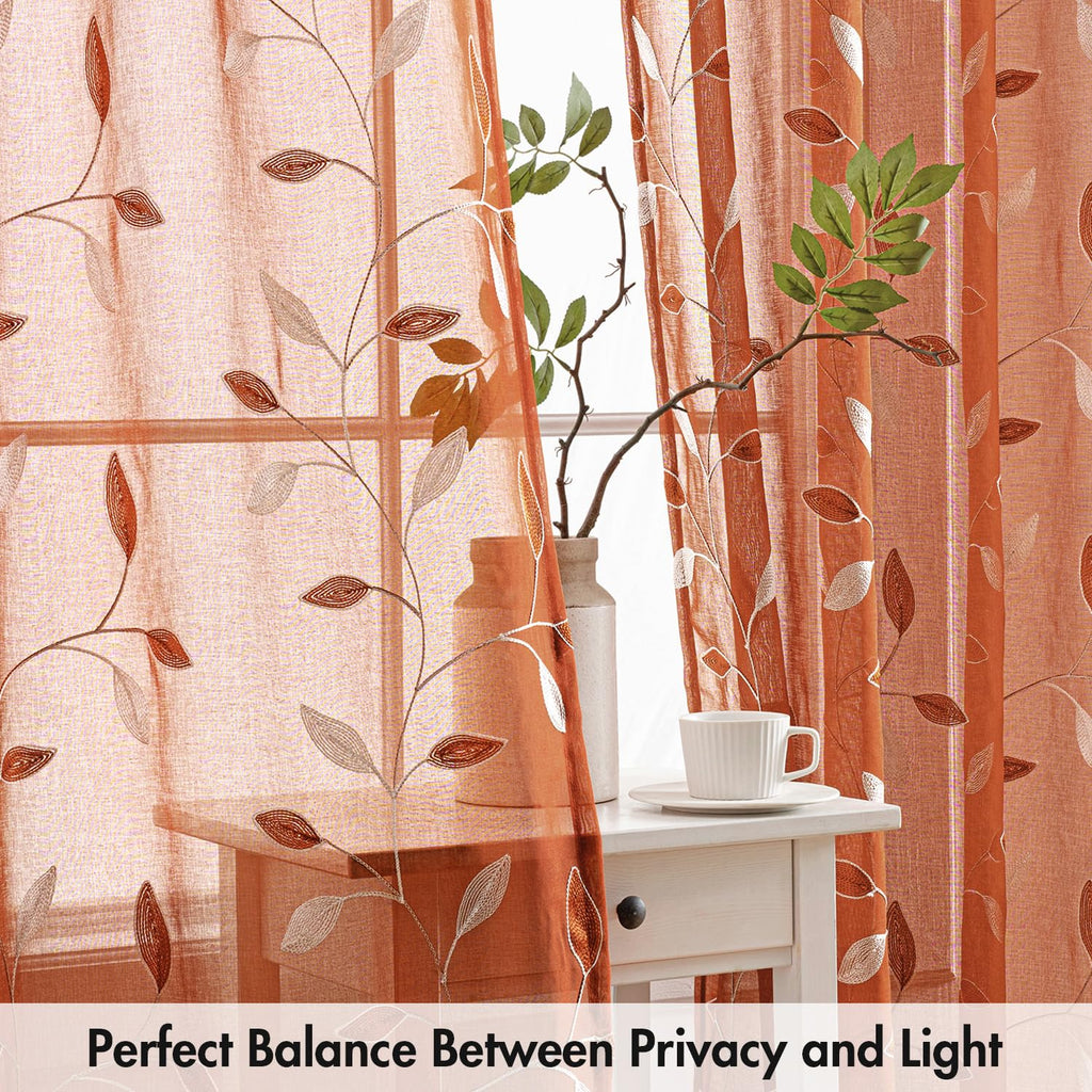 Burnt Orange Sheer Fall Curtains 2 Panels Leaf Patterned, W52 x L45