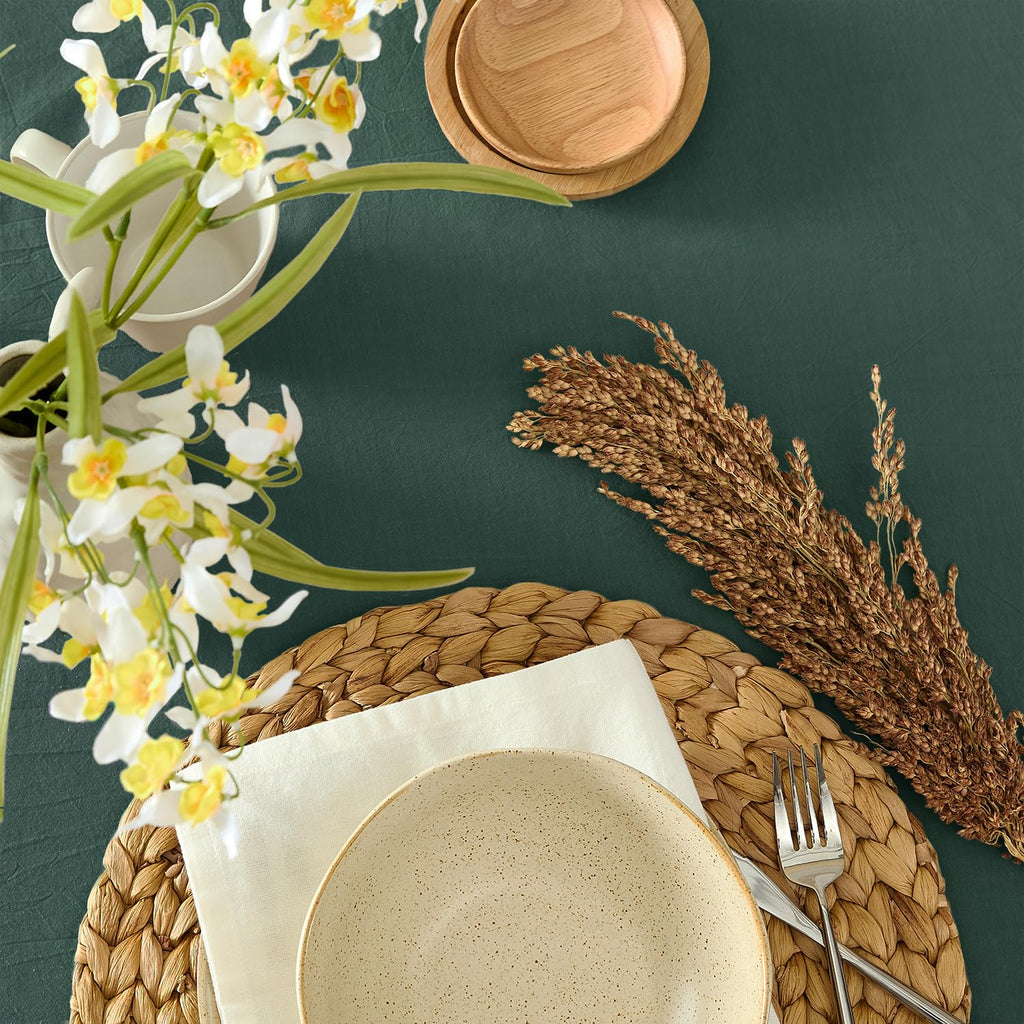 Ruffle Farmhouse Rustic Round Natural Stonewashed Cotton Tablecloth, Restaurant (60" Round, Teal Green)