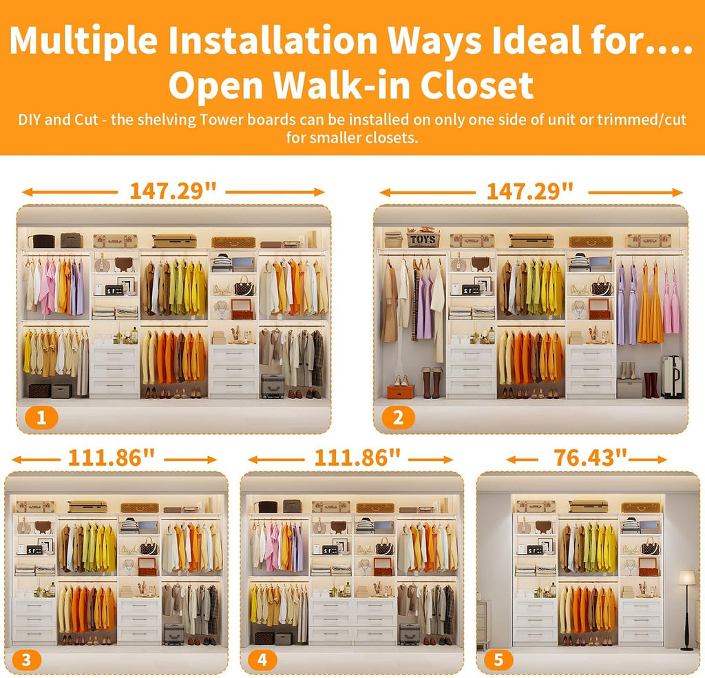 Closet System with 6 Wood Drawers, 6-12FT Closet Organizer System with Cuttable Shelves for Walk in Closet with 6