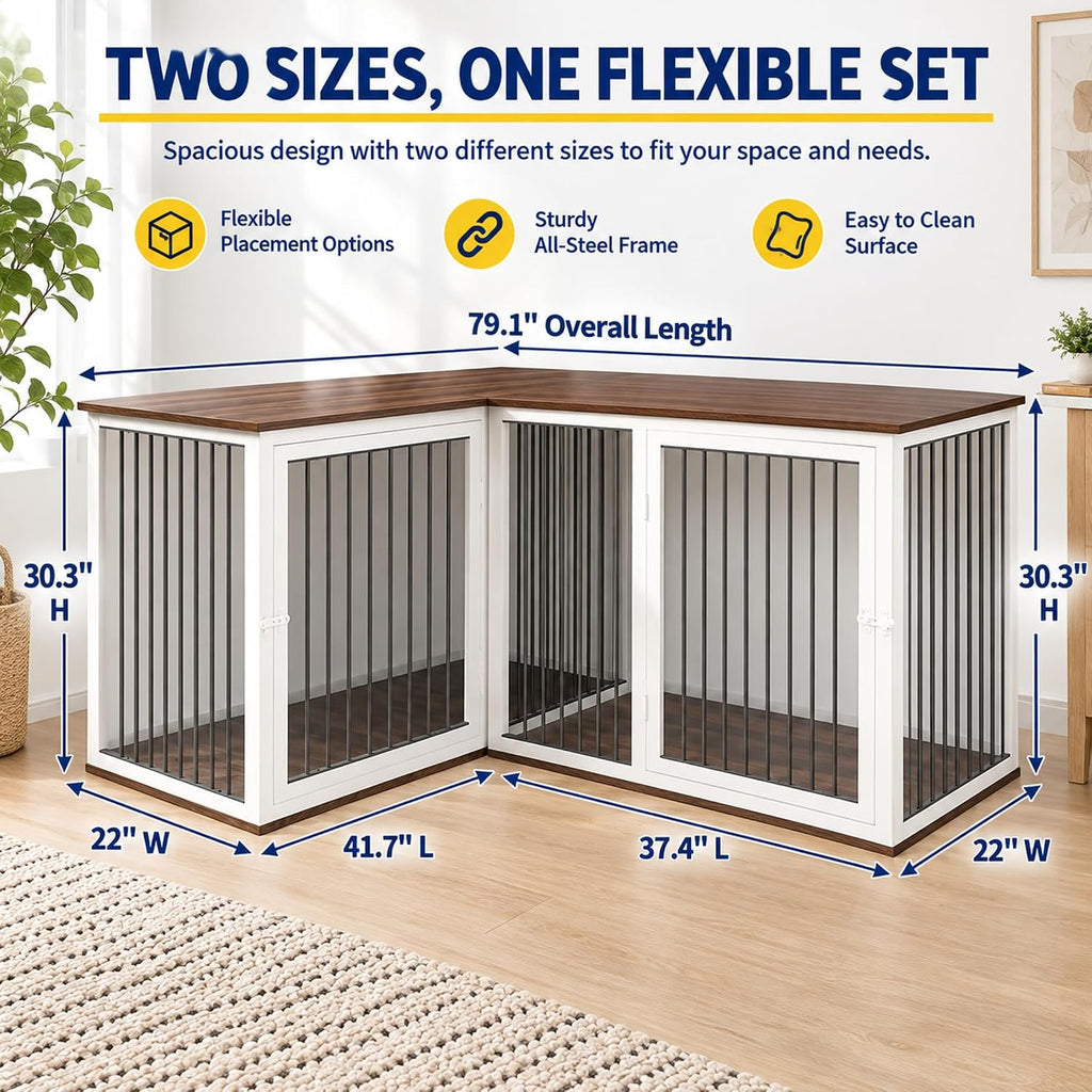 79.1-Inch L-Shaped Double Dog Crate Furniture for 2 Dogs, White