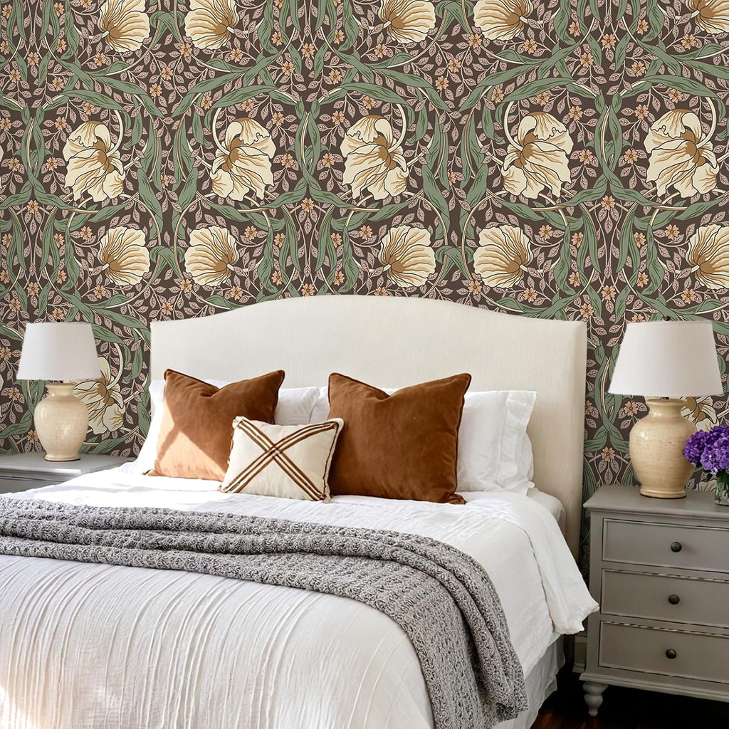 Vintage Dark Earth Floral Wallpaper Peel and Stick William Morris Wallpaper Pimpernel Wall Mural 17.7''x354'' Self
