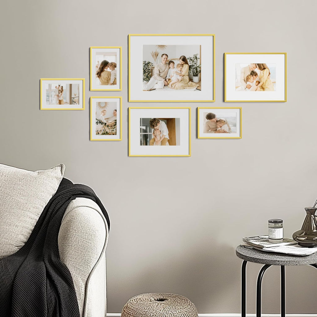 Aluminum Gallery Wall Frame Set of 7 with Glass Cover, Gold | Including 1Pc 11x14, 2Pcs 8x10, 4Pcs 5x7 Photo Frames