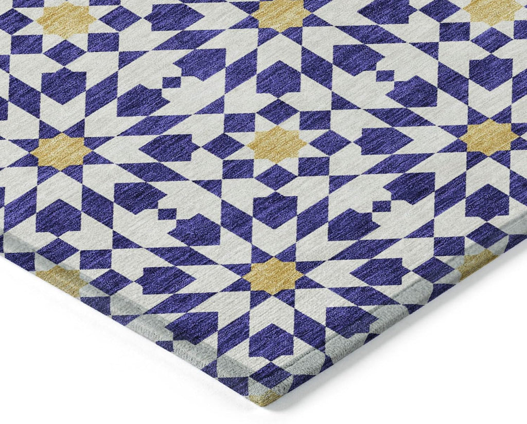5' X 8' Navy Blue and Ivory Floral Medallion Washable Indoor Outdoor Area Rug