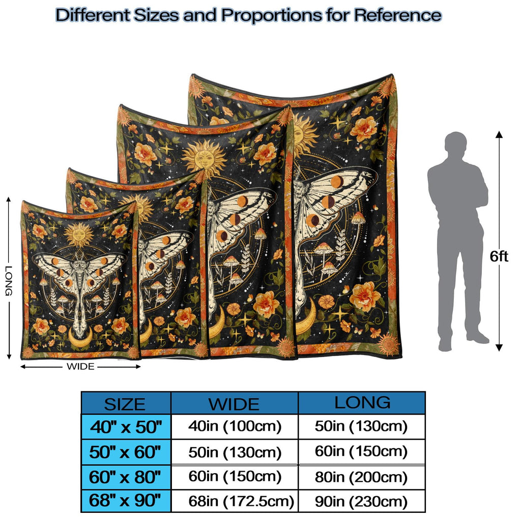 Orange Moth Throw Blanket, Retro Boho Flower Butterfly Sun Moon Star Aesthetic Cozy Decor Nap Blankets Gift Sofa Bed