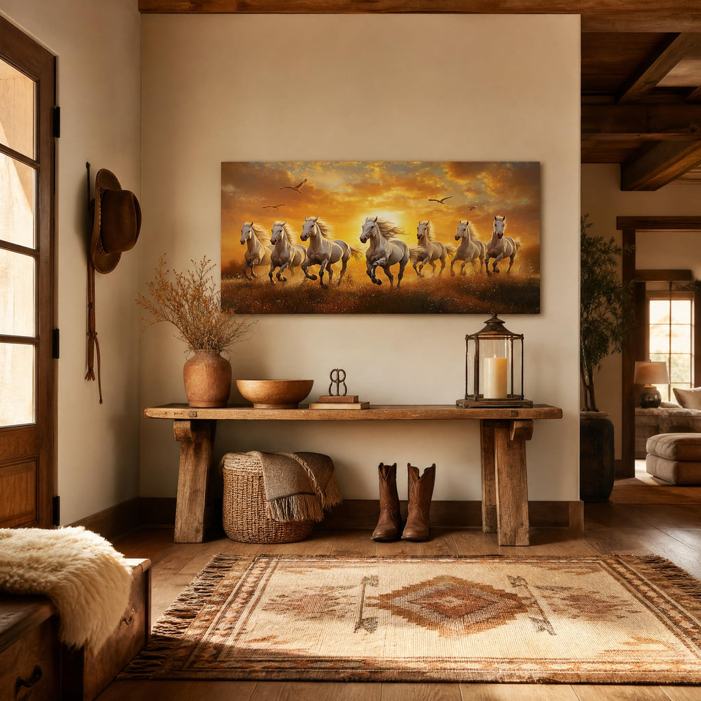 Sunrise Running Horses Canvas Wall Art Majestic White Stallions Galloping in Meadow Sunset Landscape Painting Print