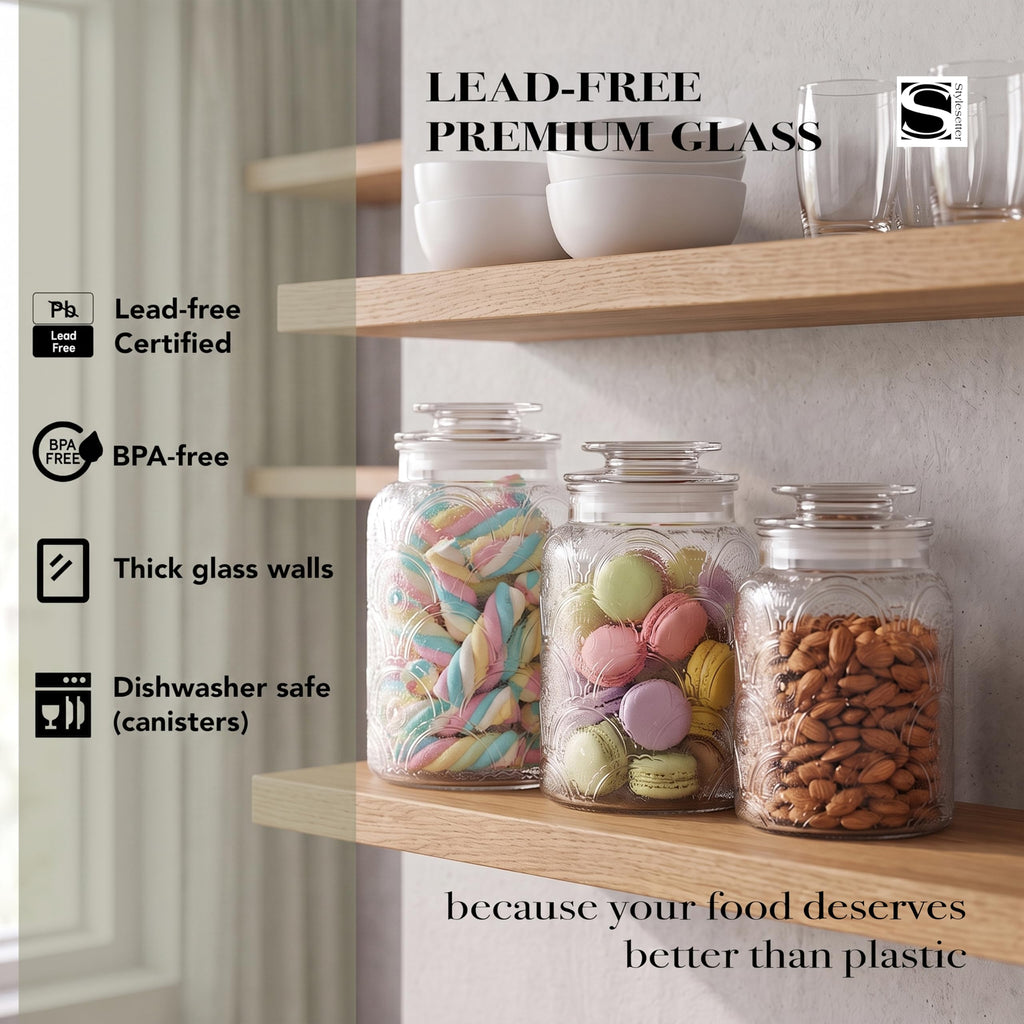 Clear Glass Kitchen Canister Set, Retro Design 3PC, 34-54oz