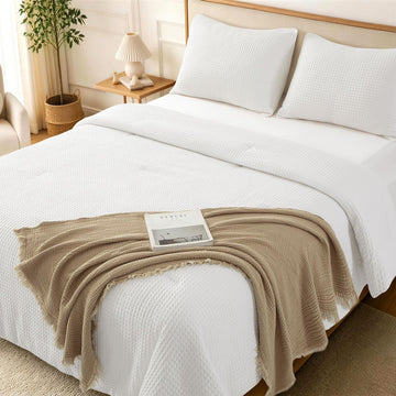 Waffle Weave Comforter Set, Cozy Breathable 100% Cotton Shell