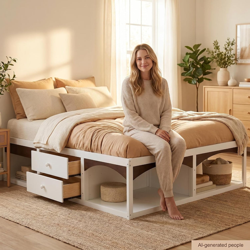 22" H Japanese Wooden Bed Frame with 6-Storage Drawers