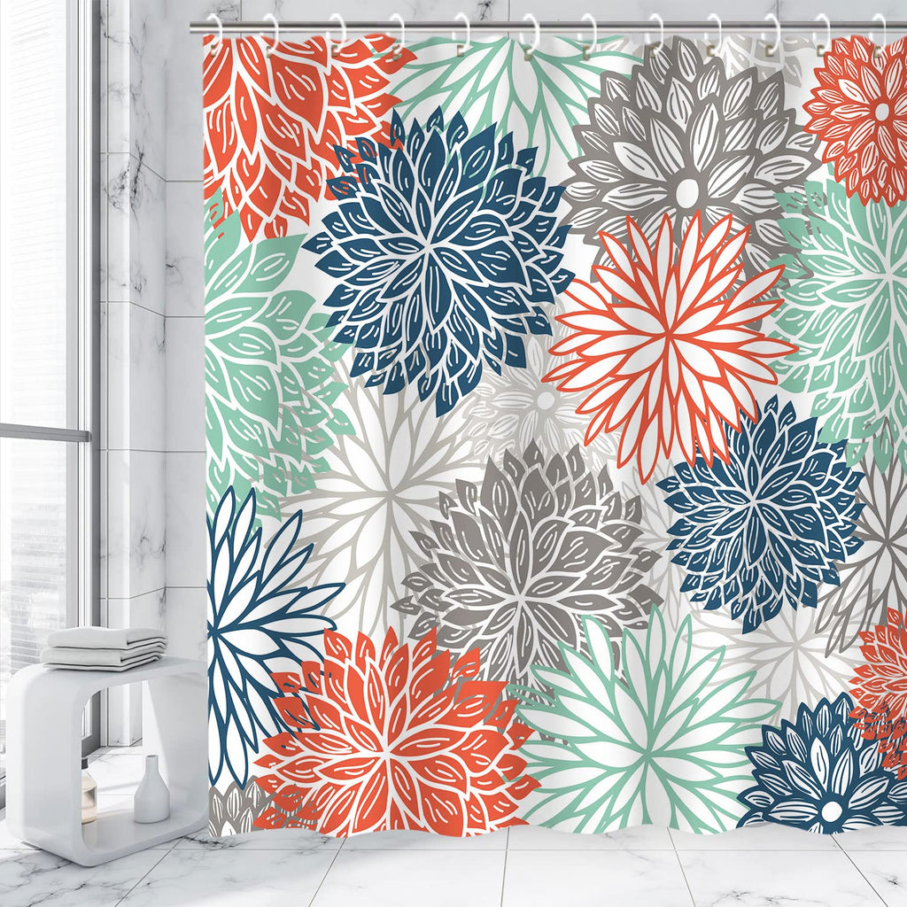 Floral Shower Curtain Dahlia Shower Curtains Set with 12 Hooks Flower Shower Curtains Teal and Gray Blue Green Shower