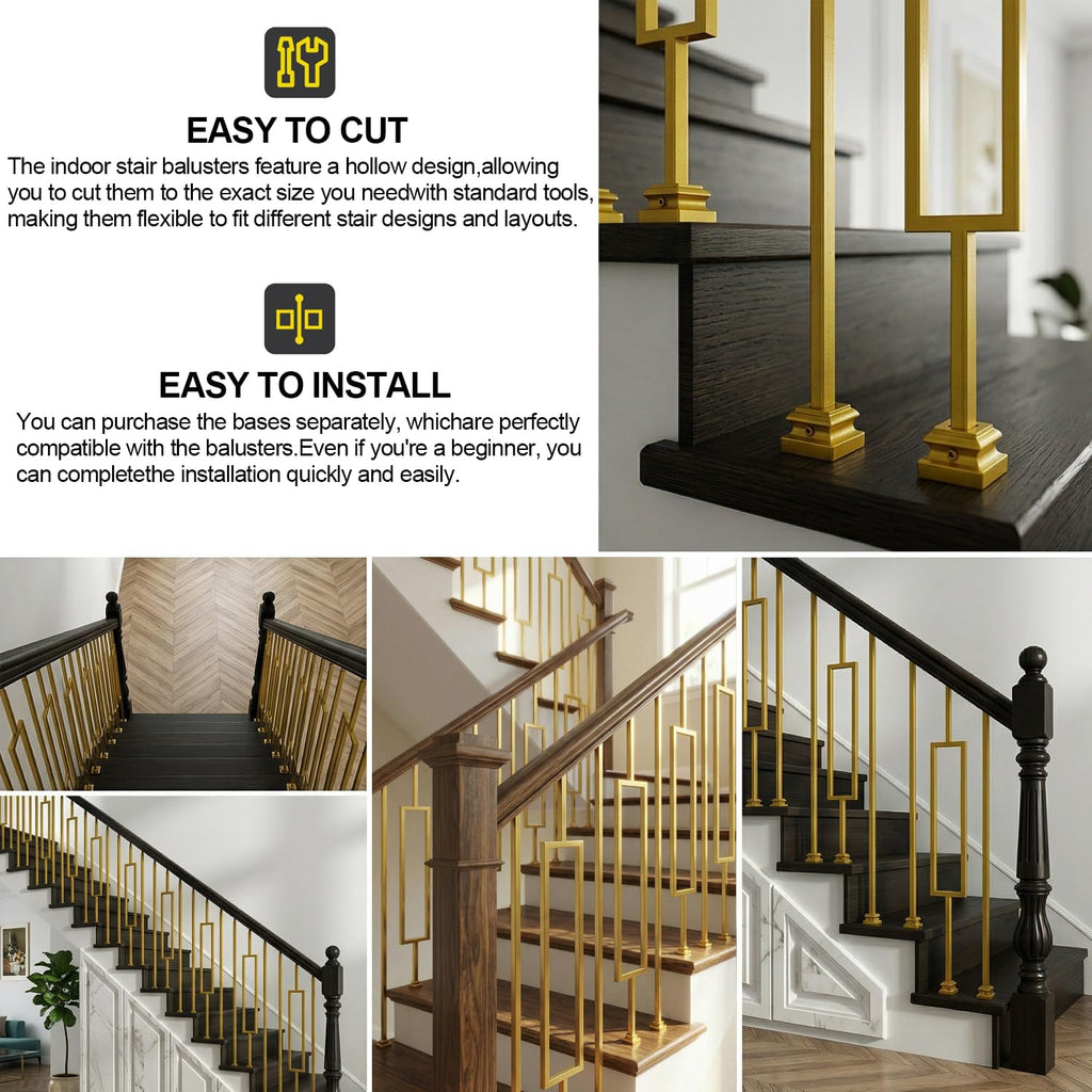 Glossy Gold Rectangle Wrought Iron Stair Balusters for Interior, 1/2" X 44" Square Metal Spindles for Stairs, Upgrade