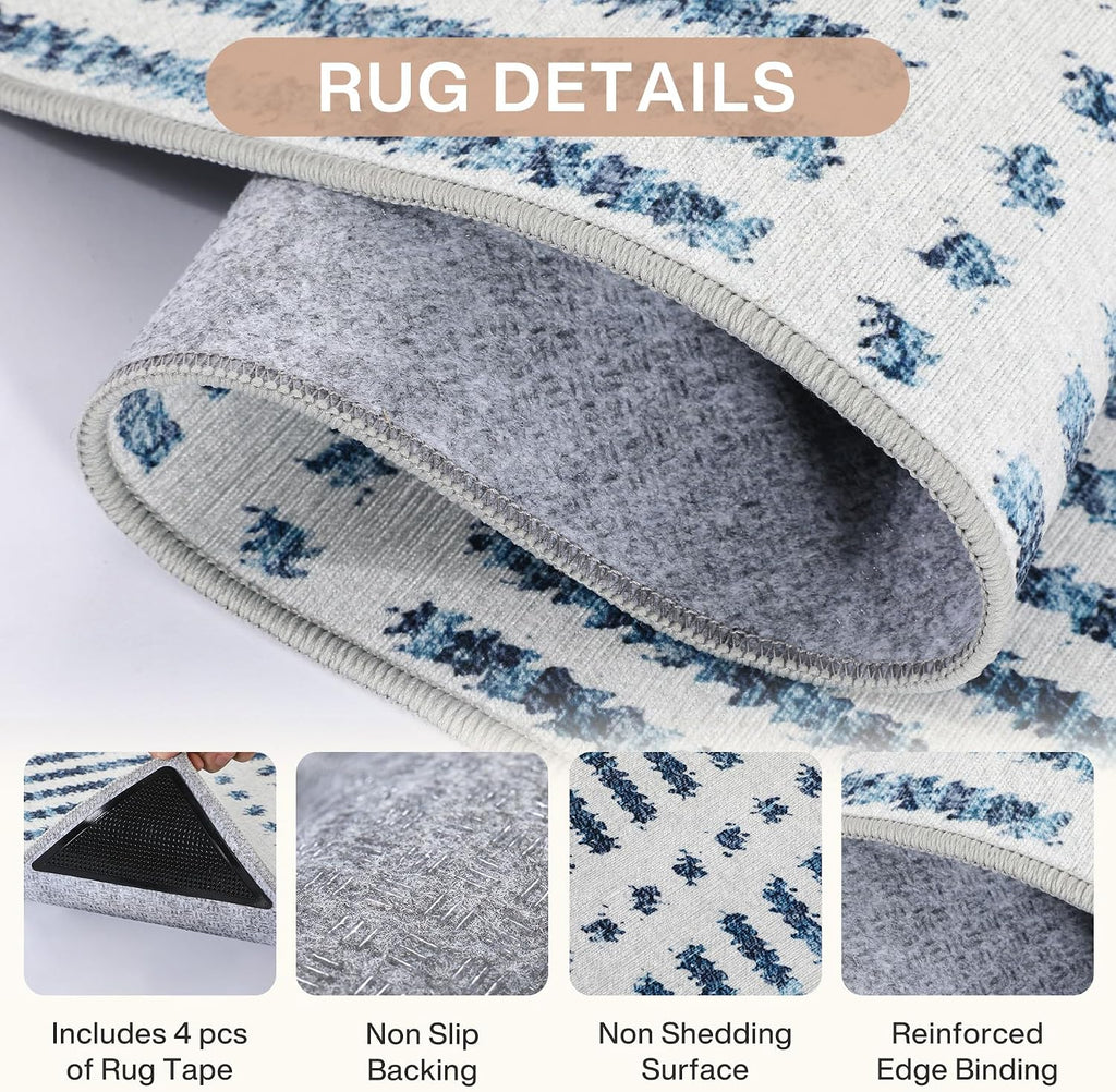 Ultra Thin Modern 3x5 Washable Area Rugs, Non-Slip Small Bedroom Kitchen Rugs, Blue Striped Farmhouse Indoor Carpet