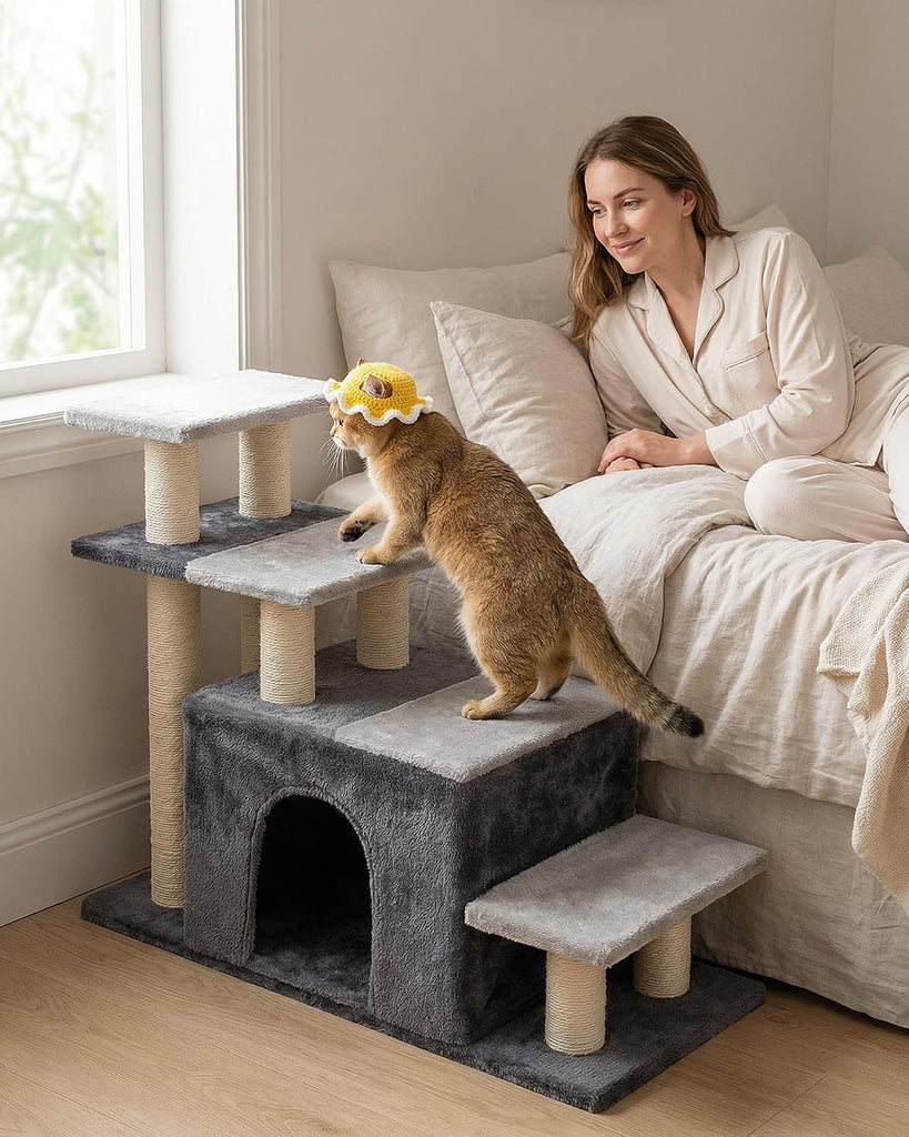 4-Tier Cat Stairs for High Bed with 22'' Cat Scratching Post