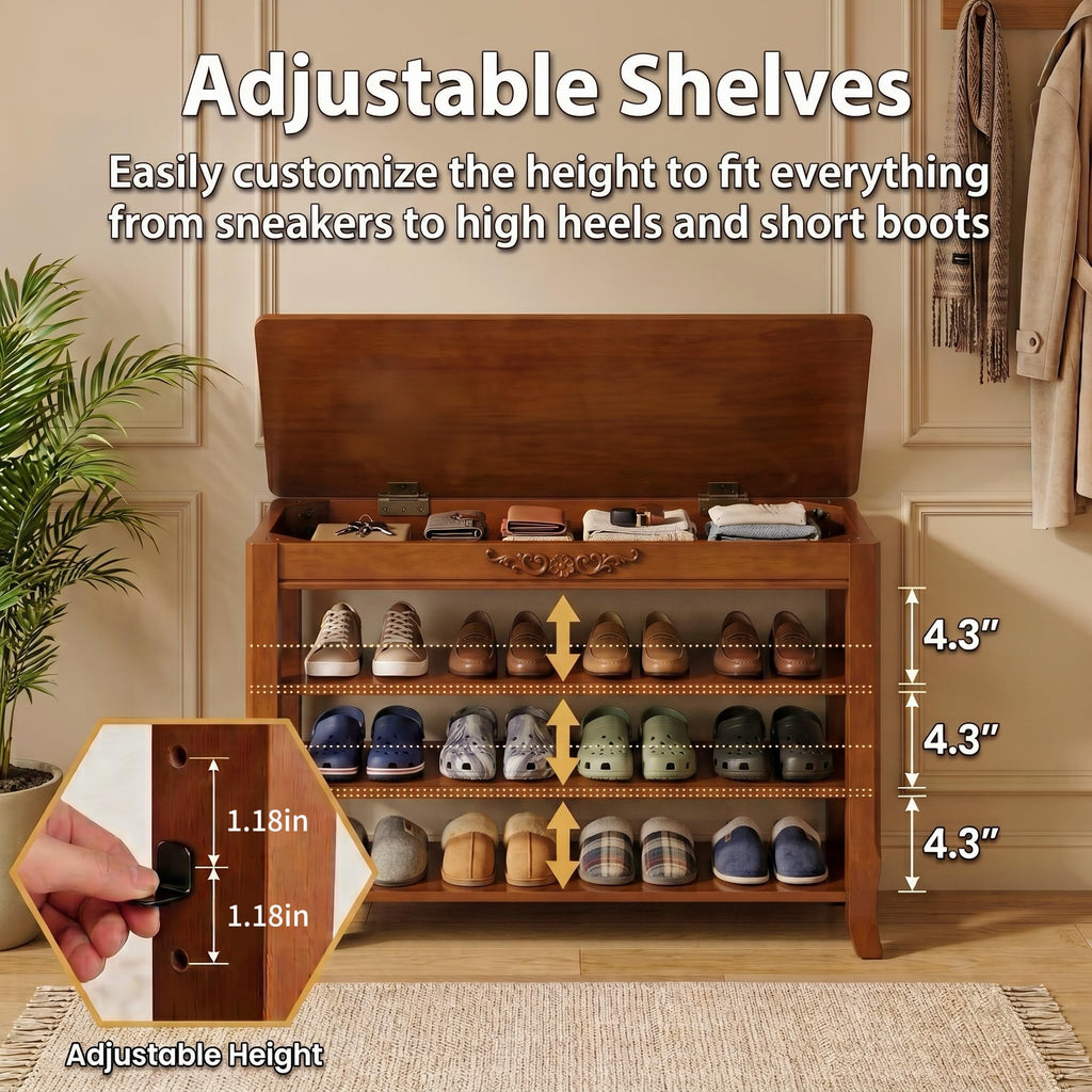 Shoe Rack Bench with Storage 3 Tier Solid Wood Entryway Shoe Rack 39.4"