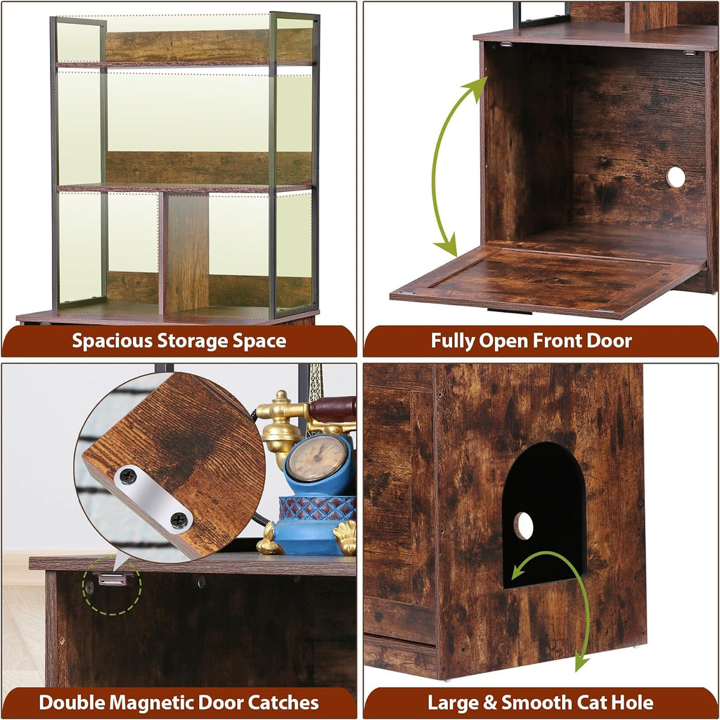 2-in-1 Cat Litter Box Enclosure with Storage Shelves, Hidden Cat Litter Box Enclosure Furniture with Entrance (Rustic