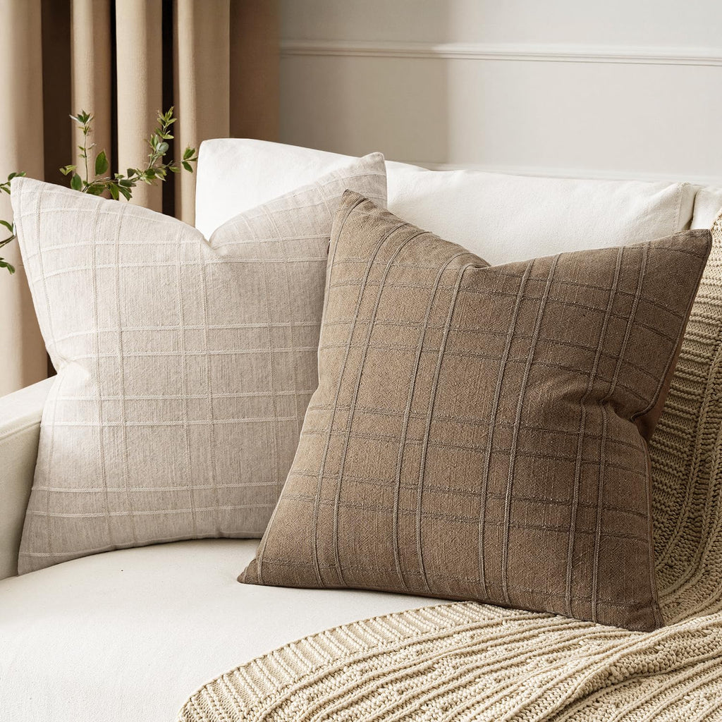 Linen Plaid Pillow Covers Fall Decorative 20x20 Light Brown
