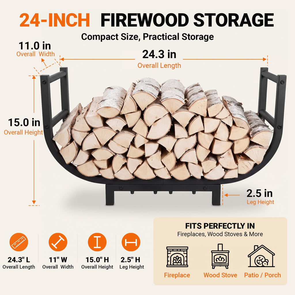 24-Inch Firewood Rack, 500 lb Heavy-Duty Steel Log Holder