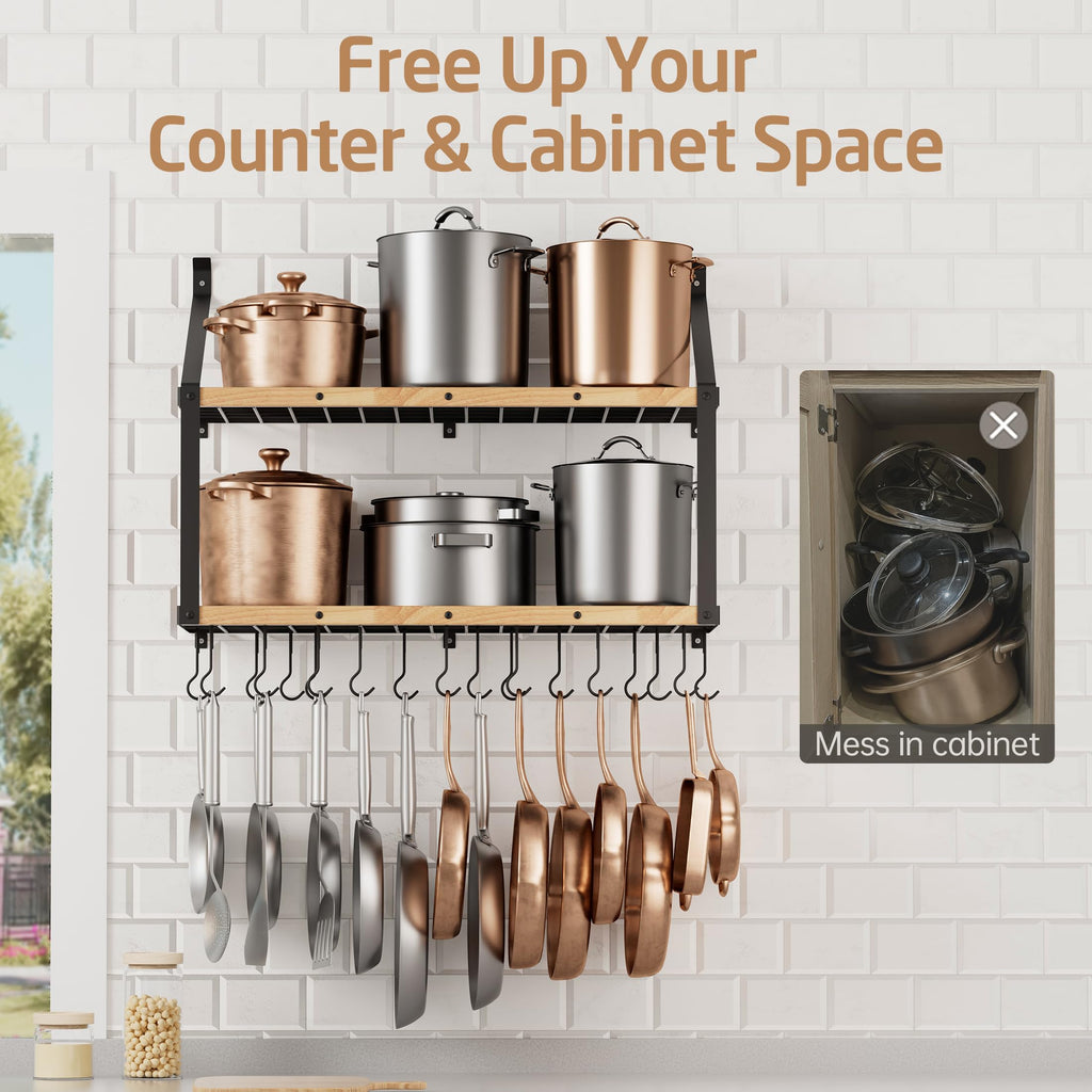 132lb Heavy Duty Hanging Pot Rack Wall Mounted, 34in Solid Wood Design