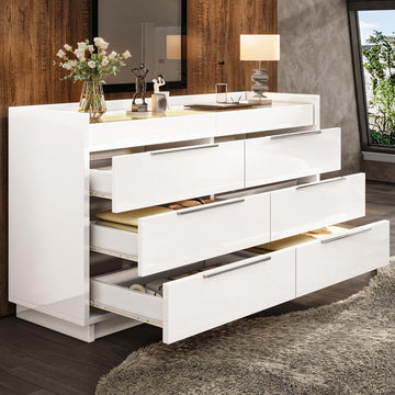 47.2" W 8-Drawer Dresser with Glass Top, High Gloss, White | Wide Dresser, 2 Jewelry Drawers, LED Lighting, Spacious