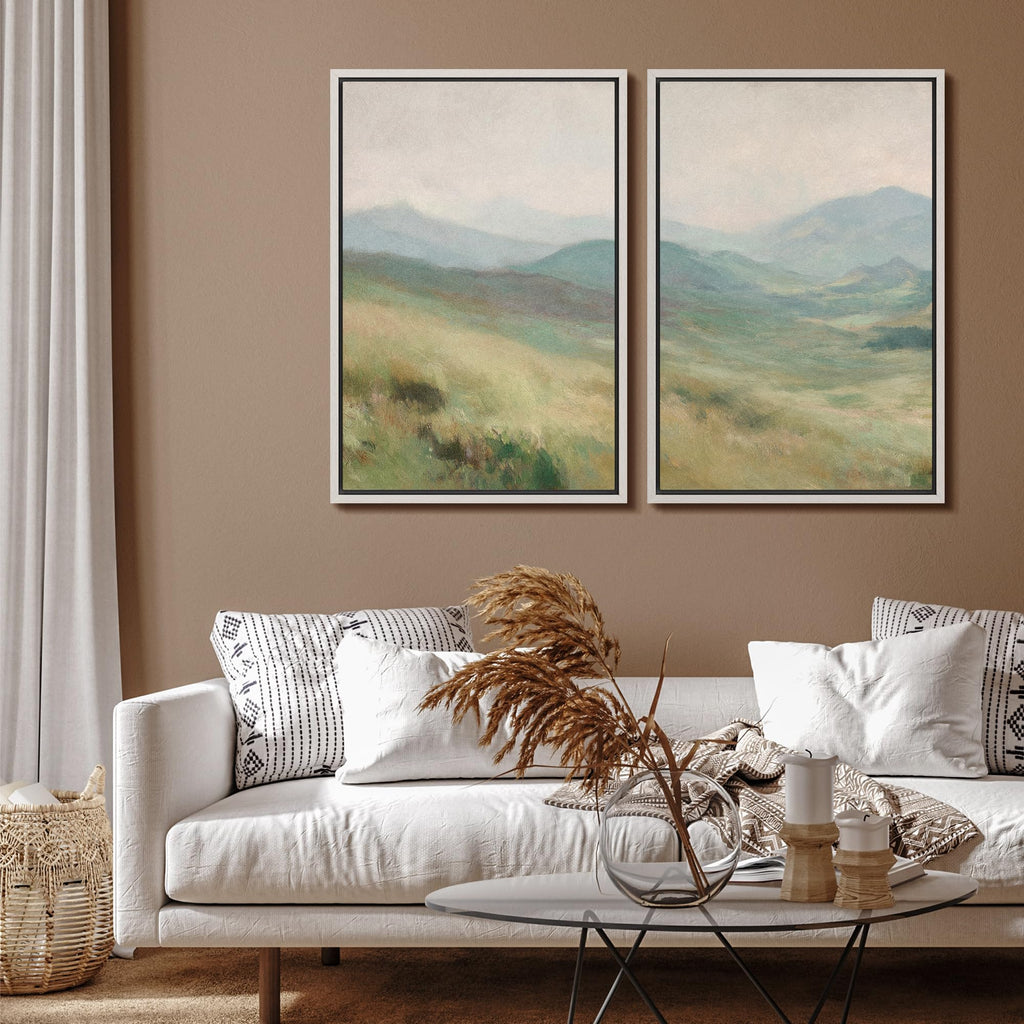 Framed Canvas Print Wall Art Set Soft Green Mountain Landscape Illustration Modern Art Decorative Nature - 24"x36"x2