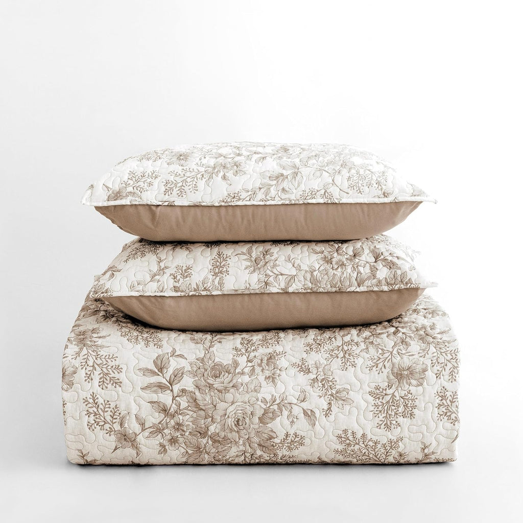 Taupe Floral Quilt Queen, Summer Cooling 3 Piece Cotton Vintage Farmhouse Bedding Set, Machine Washable Lightweight