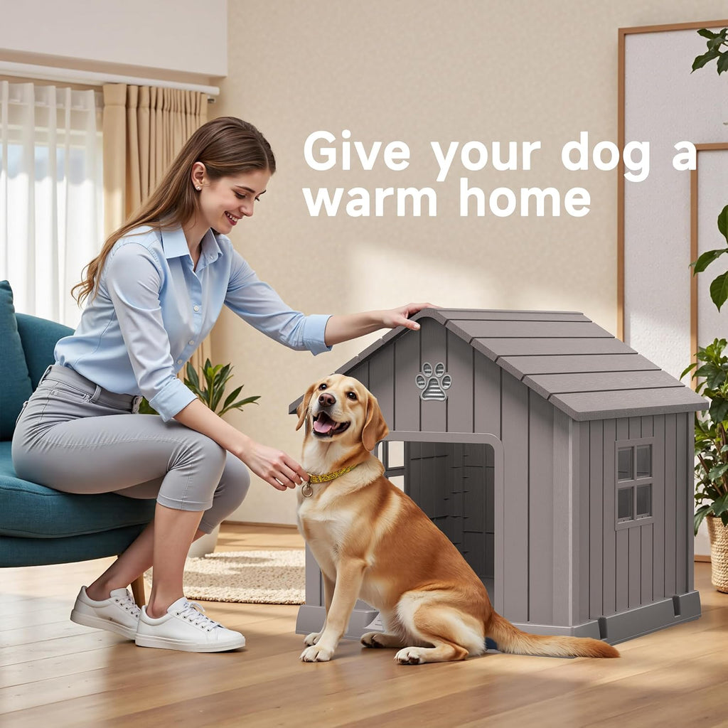 32in Large Outdoor Dog House, Durable Water Resistant Resin Dog House, Doghouse for Small to Large Dogs Indoor or