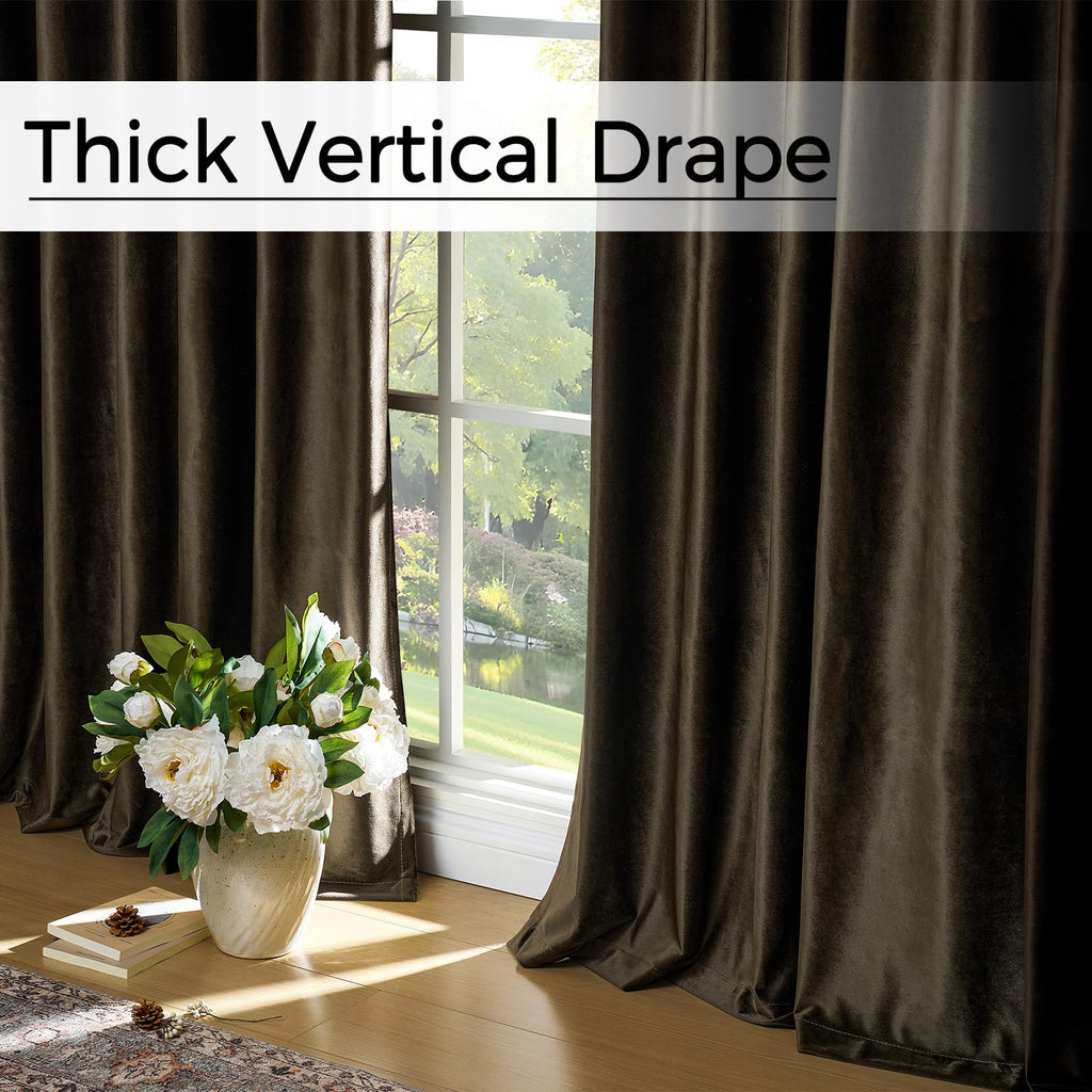 Brown Velvet Pinch Pleated Curtains: Living Room 108 Inches Long 2 Panels Set Luxury Darkening Thermal Insulated