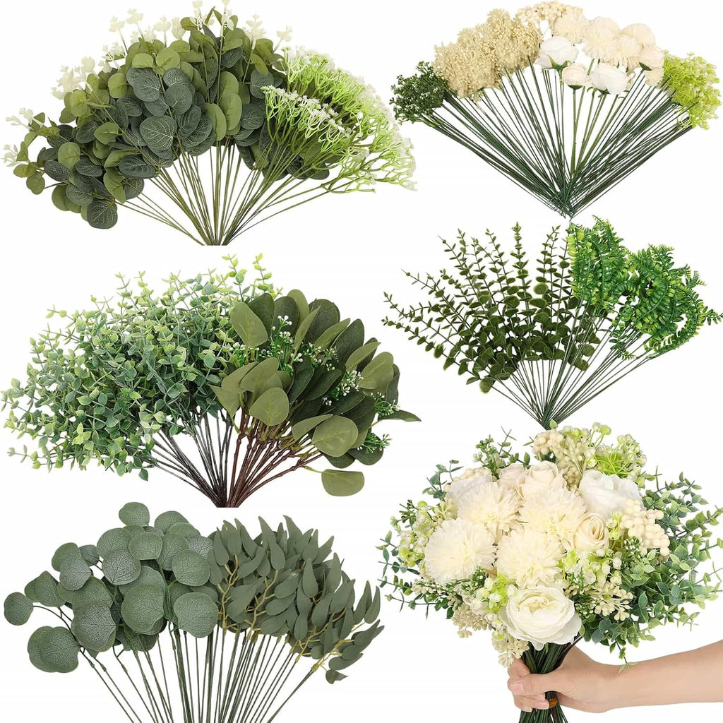 120 Pcs Mixed Artificial Eucalyptus Stems Flowers Bulk, 15 Kinds | Fake Silver Dollar Eucalyptus Faux Silk Greenery