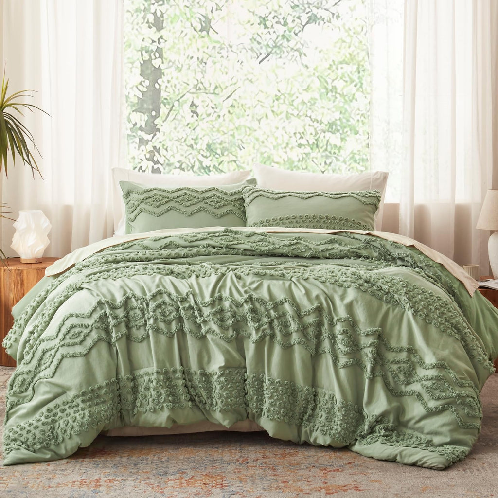 Sage Green Tufted Comforter Set, 3 Pieces Queen Boho Bedding Set