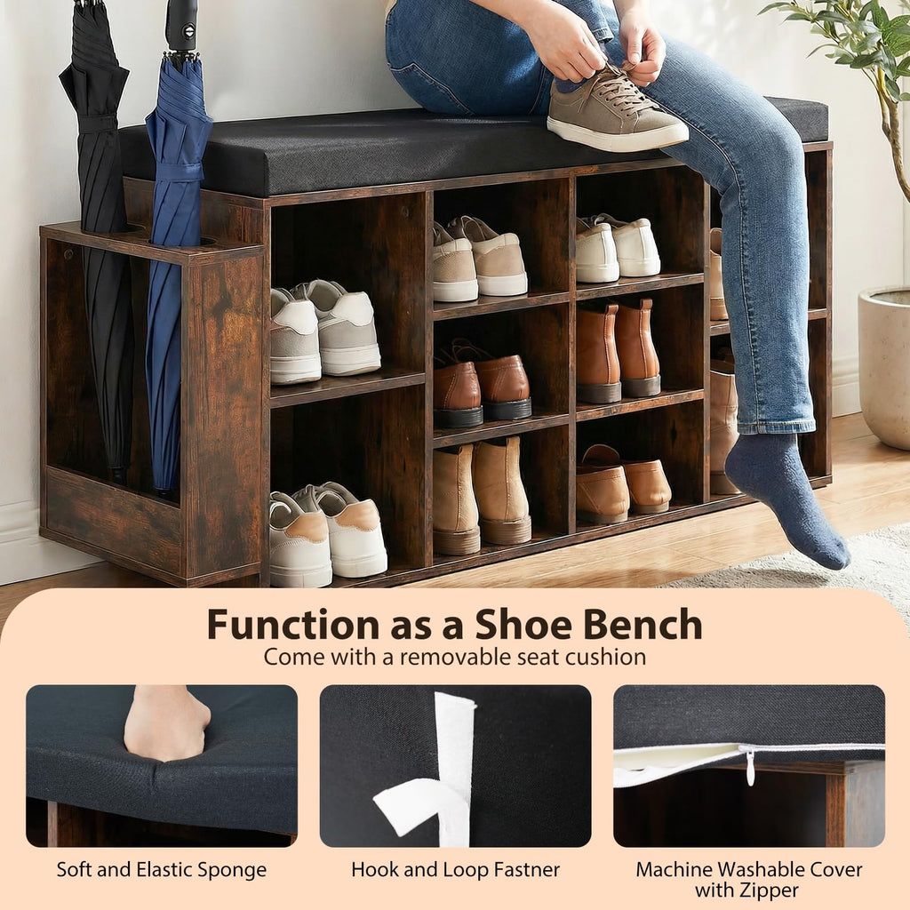 Shoe Storage Bench with Umbrella Holder, 40" Shoe Organizer with Cushioned Seat, 10 Cubbies & Adjustable Shelves