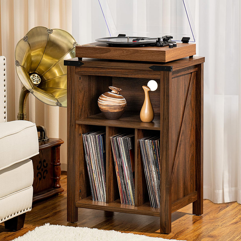 Record Player Stand with Vinyl Record Storage, Rustic Brown