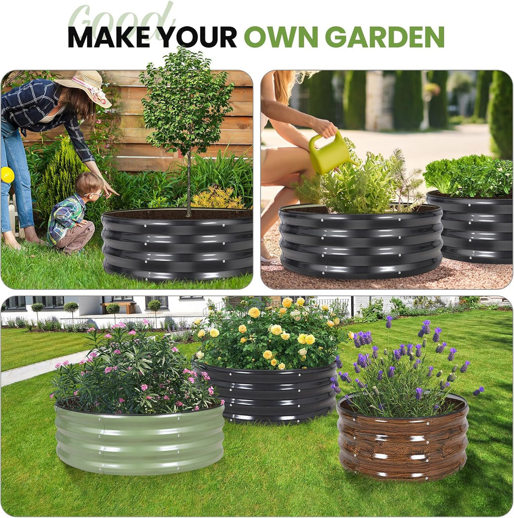 Round Raised Garden Bed Outdoor, 3x3x1ft, 2Pcs, Dark Grey | Galvanized Steel Planter Box, Rubber Edge Trim