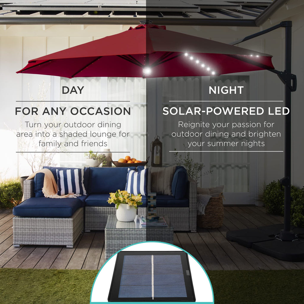 10ft Solar LED Cantilever Patio Umbrella, 360-Degree Rotation Hanging Offset Market Outdoor Sun Shade for Backyard