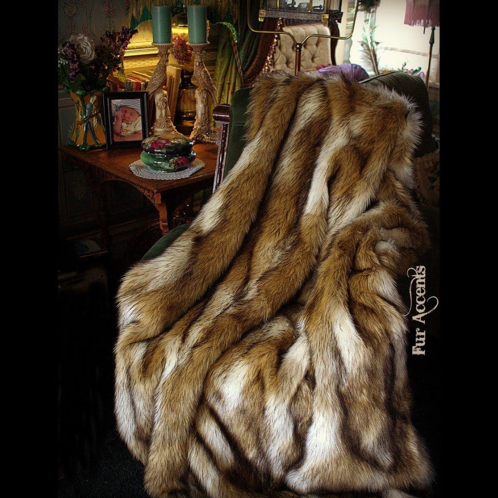 Plush Golden Brown and Creamy Wolf White Coyote Stripe - Premium Quality Faux Fur - Designer Throw Blanket - Soft