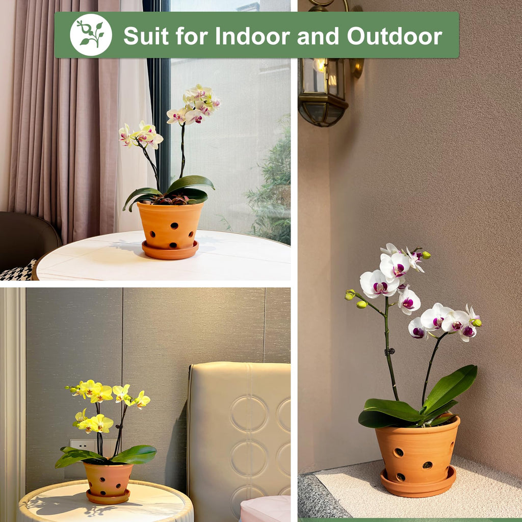8 inch Terracotta Orchid Pots with Holes and Saucers, 2 Pack Clay Orchid Planter Pots for Repotting, Large Terra