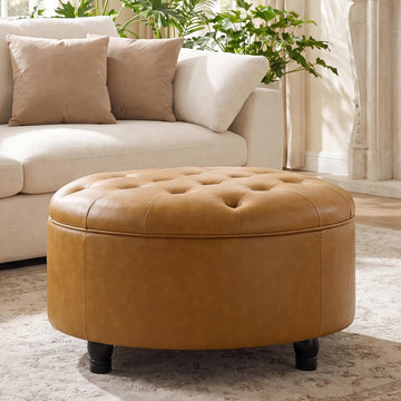 30-Inch Round Storage Ottoman, Leather Ottoman(Bright Orange)