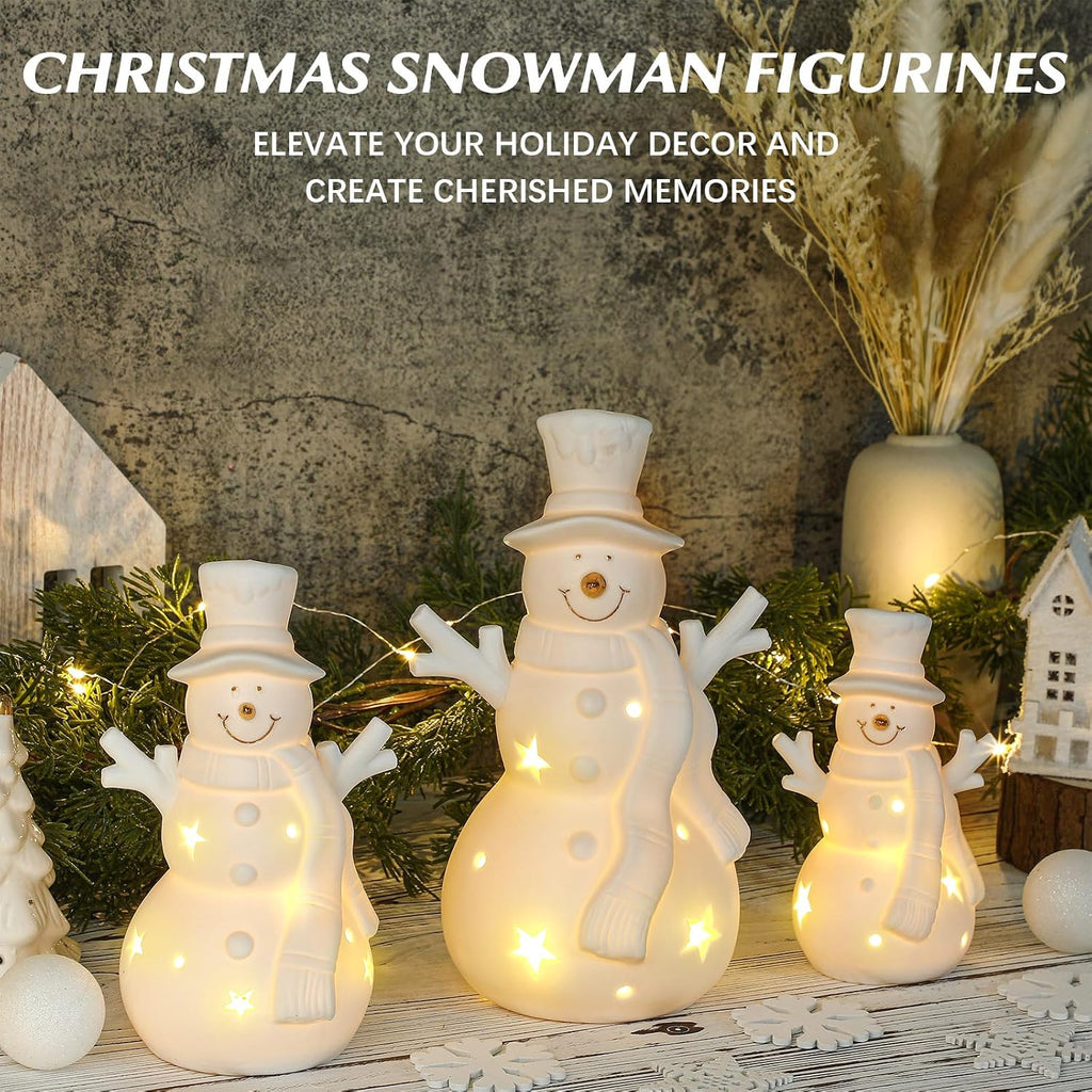 3 Pcs Light up White Ceramic Snowman Decor LED Lighted Porcelain Snowman Figurines Tabletop Battery Operated