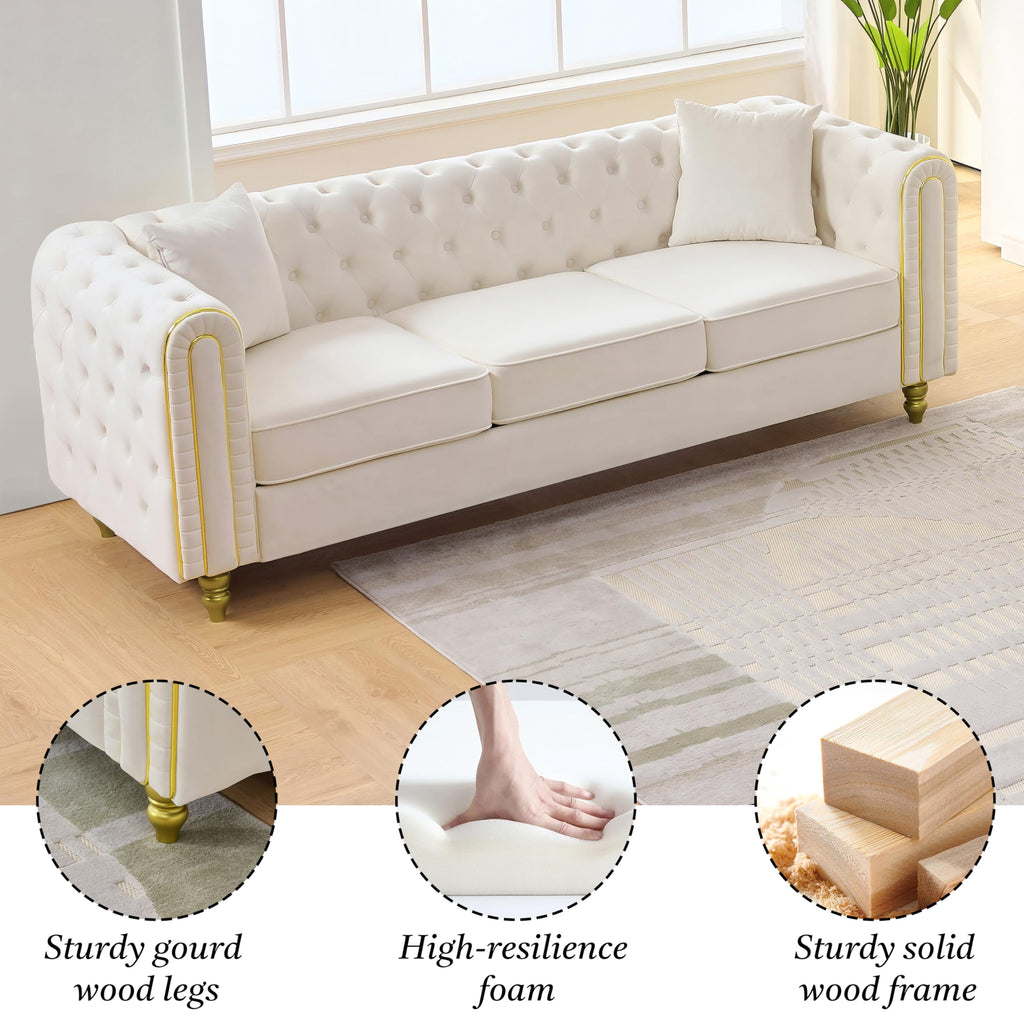 Chesterfield 86" 3-Seater White Sofa Sets, 3+2-Seater Couch Comfy Sofa, Button Tufted Rolled Arms and Gold Legs for