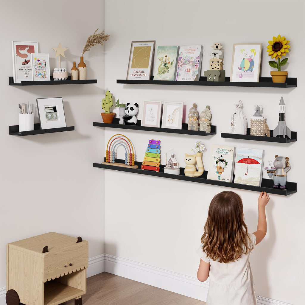 Picture Ledge Shelf, 36 inch Long Floating Shelves for Wall Set of 4, Black Picture Shelf with Lip for Wall