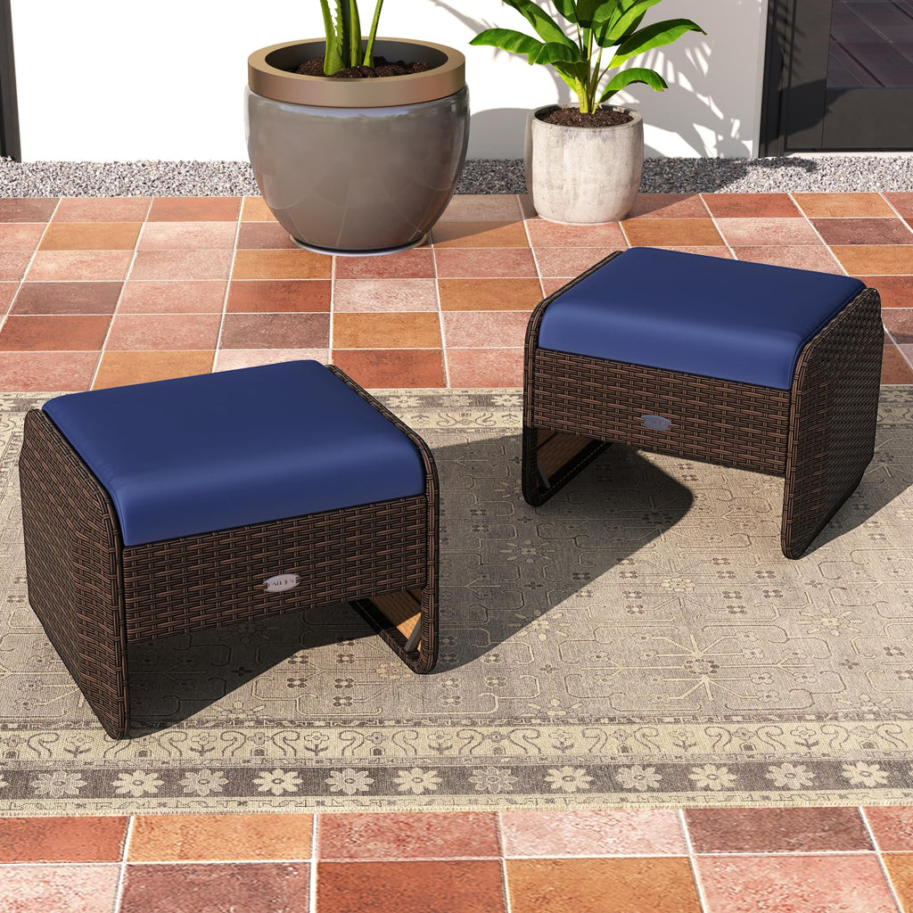 2 Pieces Patio PE Wicker Ottomans with Removable Cushions, Multipurpose Outdoor Furniture for Additional Seating