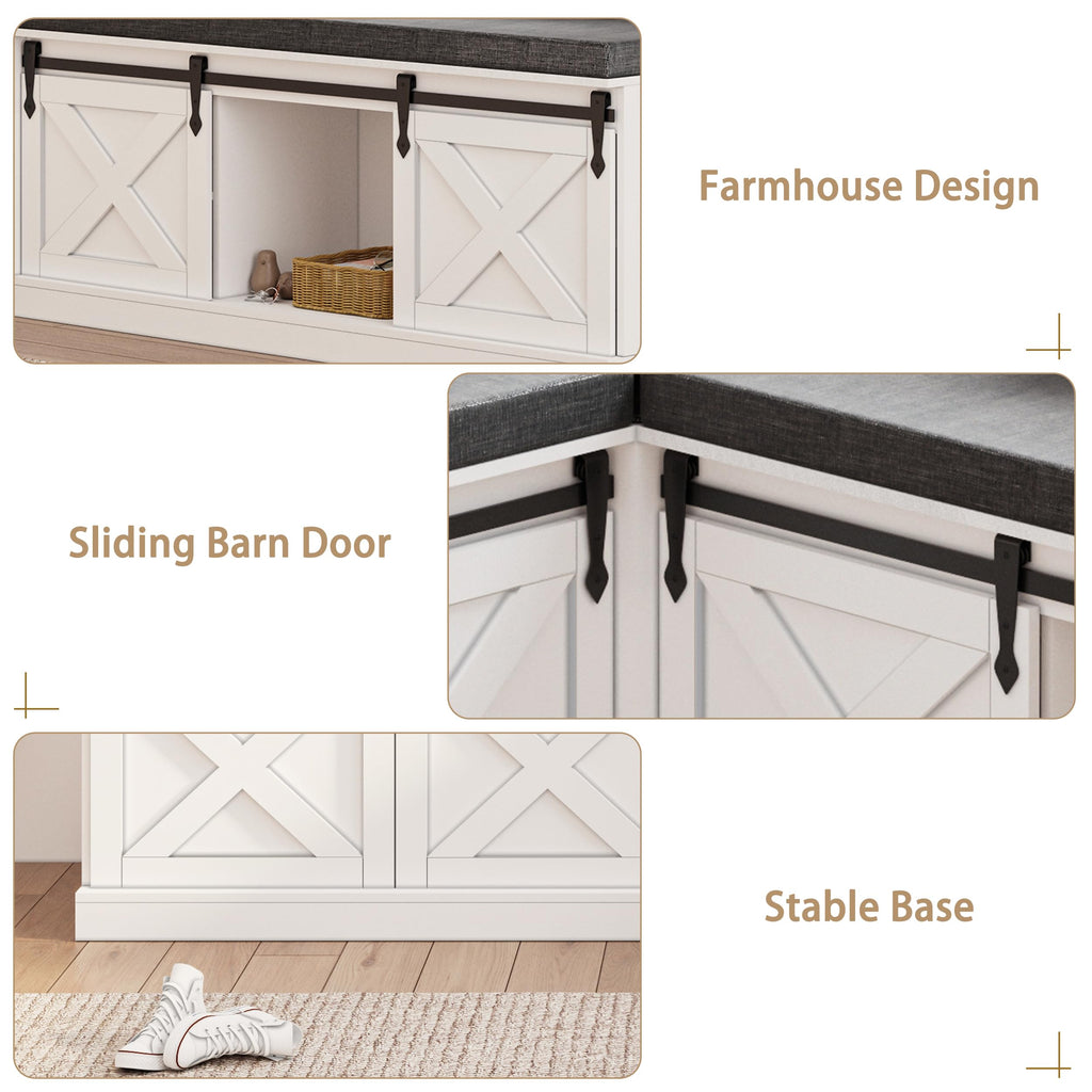 Farmhouse L Shaped Corner Shoe Storage Bench, Corner Bench with Cushion and Sliding Barn Door, 63" Breakfast Nook