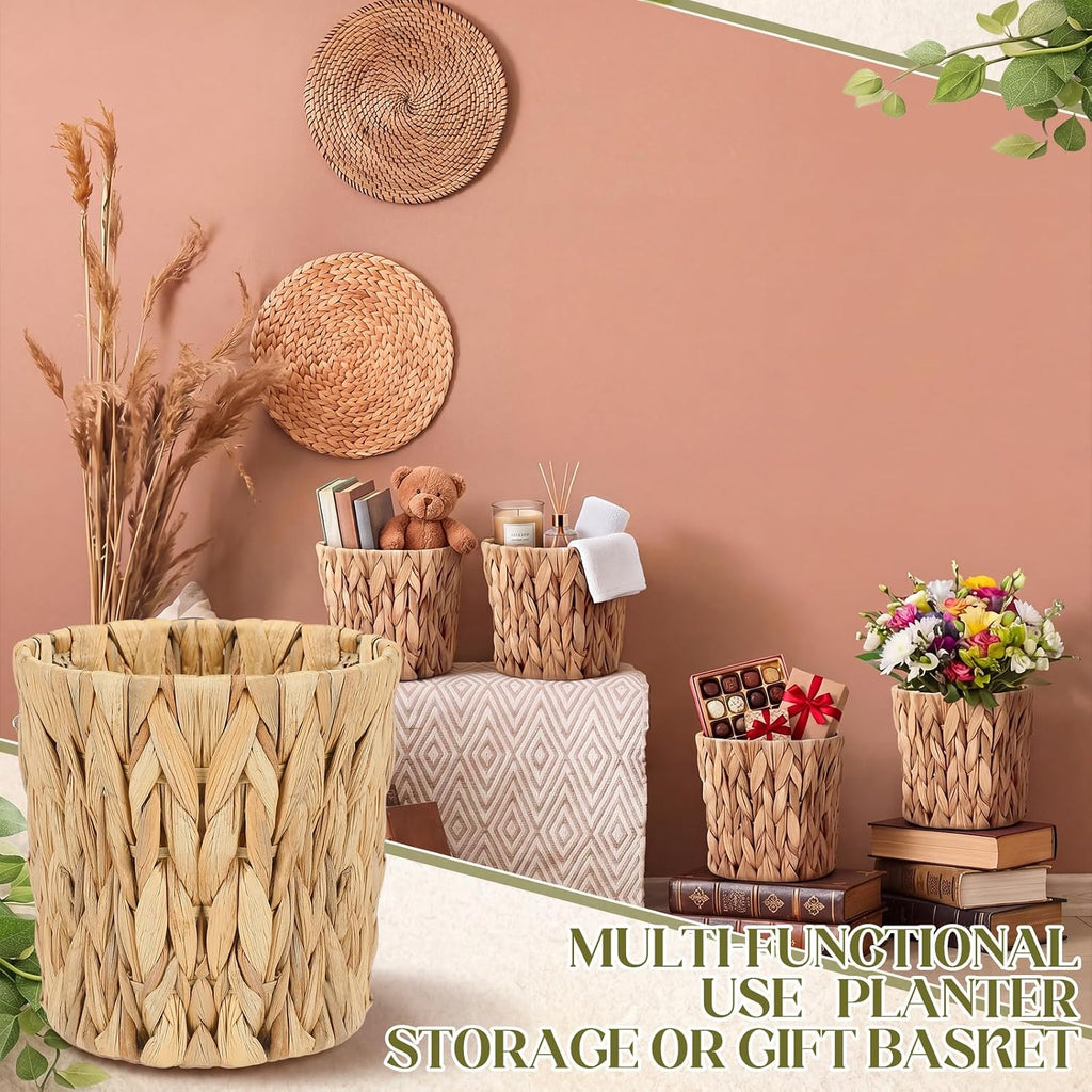 Set of 4 Water Hyacinth Planter Basket Boho Rattan Handwoven Storage Baskets Cottage Rustic Farmhouse Woven Rustic