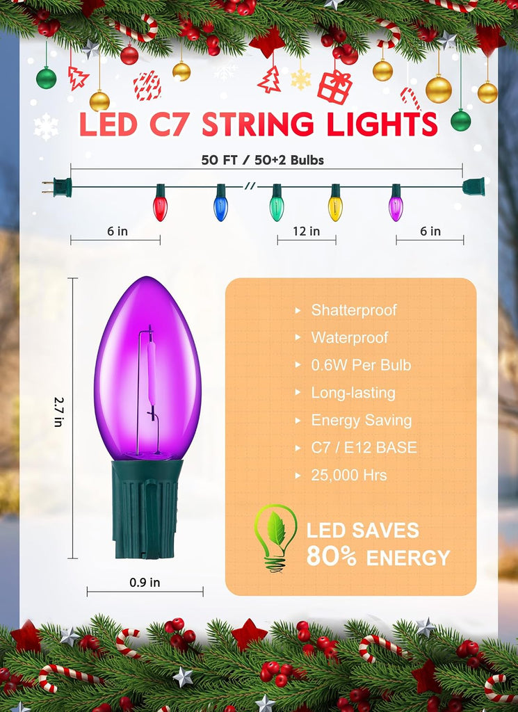 Multicolor C7 LED Christmas String Lights Outdoor, 50FT 52 0.6W Bulbs