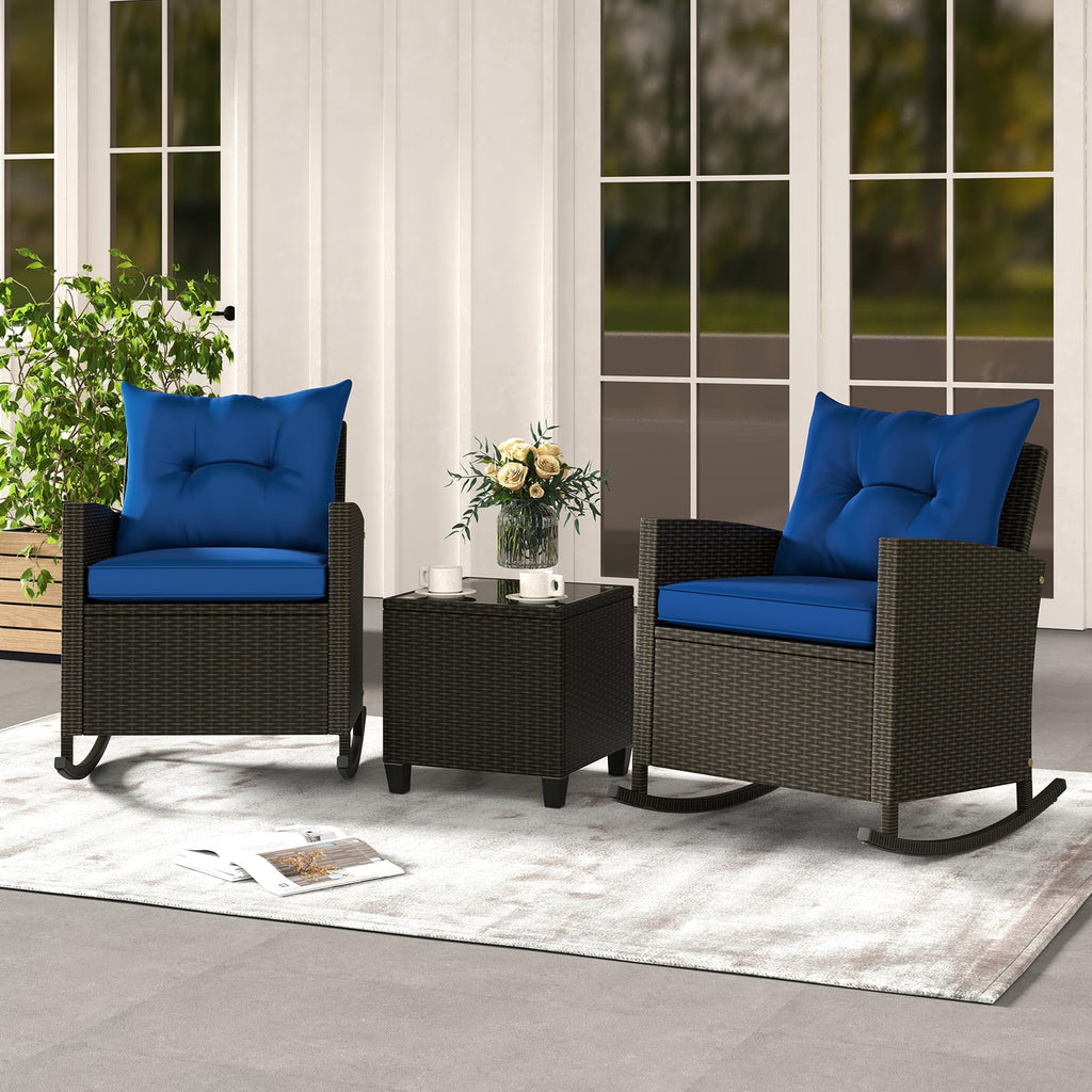 3 Piece Patio Furniture Rocking Bistro Set, Wicker Outdoor Rocking Chairs & Glass Table, PE Rattan Conversation Set