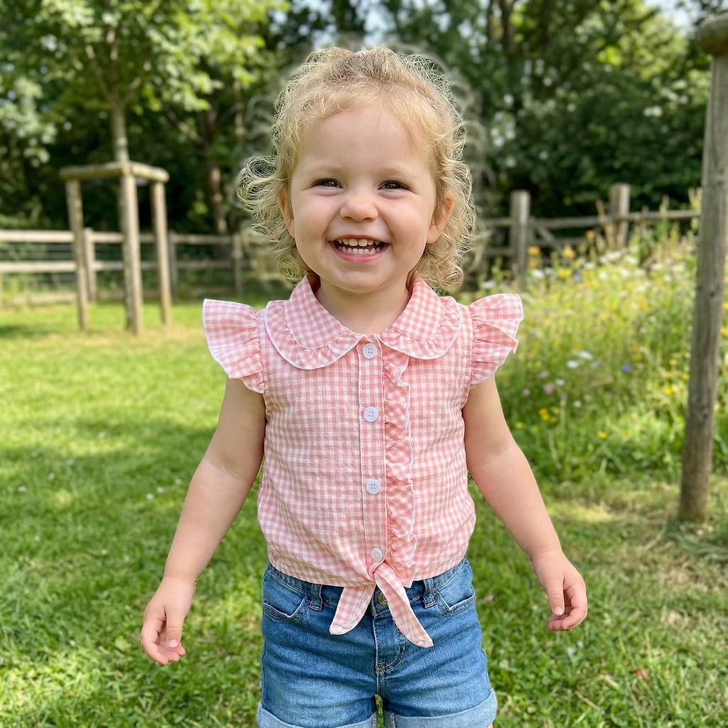 Toddler Girl Button Down Shirt Tie Knot Shirt Plaid Blouse Sleeveless Ruffle Tops Kids Baby Summer Clothes