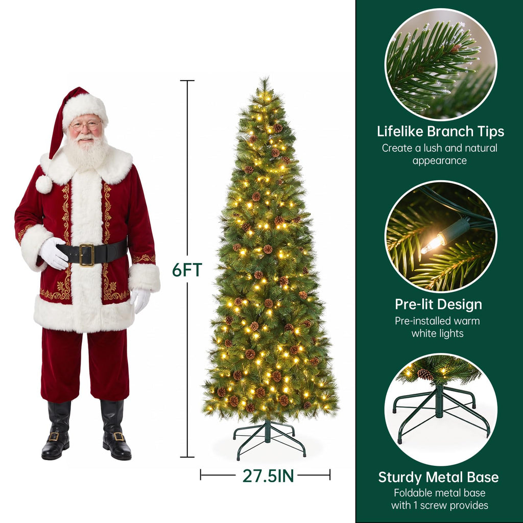 6ft Pre-Lit Slim Christmas Tree, 150 Warm White & Multi-Color Lights