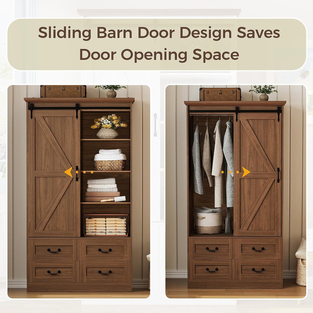Armoire Wardrobe Closet with 4 Drawers,71" Wardrobe Cabinet with Sliding Barn Doors, Tall Clothing Storage Cabinet