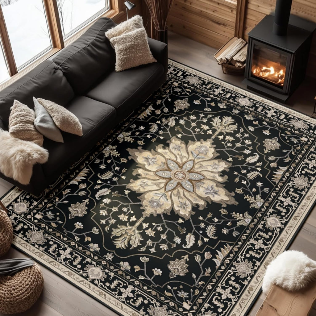 Area Rugs Washable Non-Slip, Floral Vintage Distress Print Pattern Medallion Carpet for Living Room Bedroom
